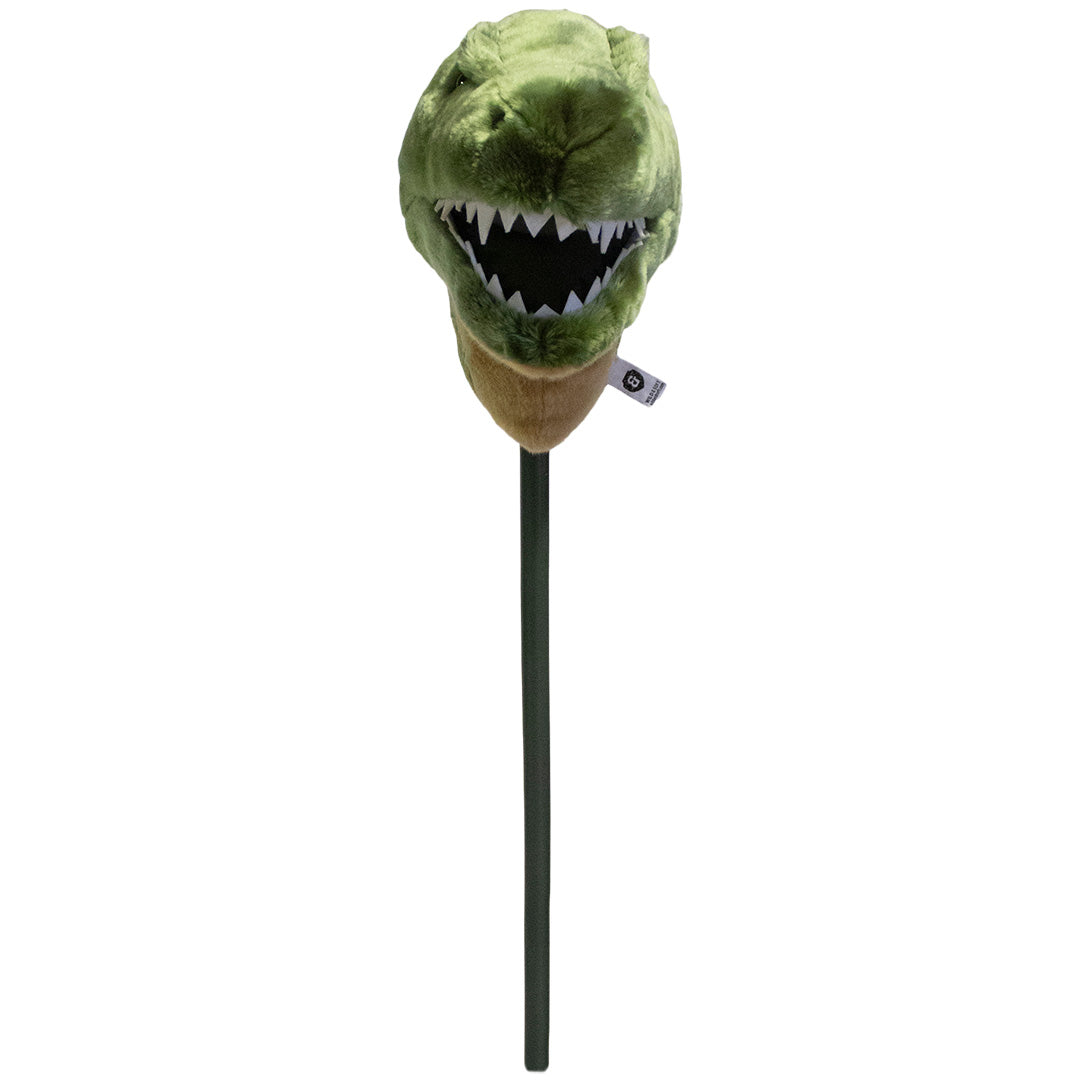 Wild & Soft pluche stokdier met een groene T-rex kop, van voren gefotografeerd.