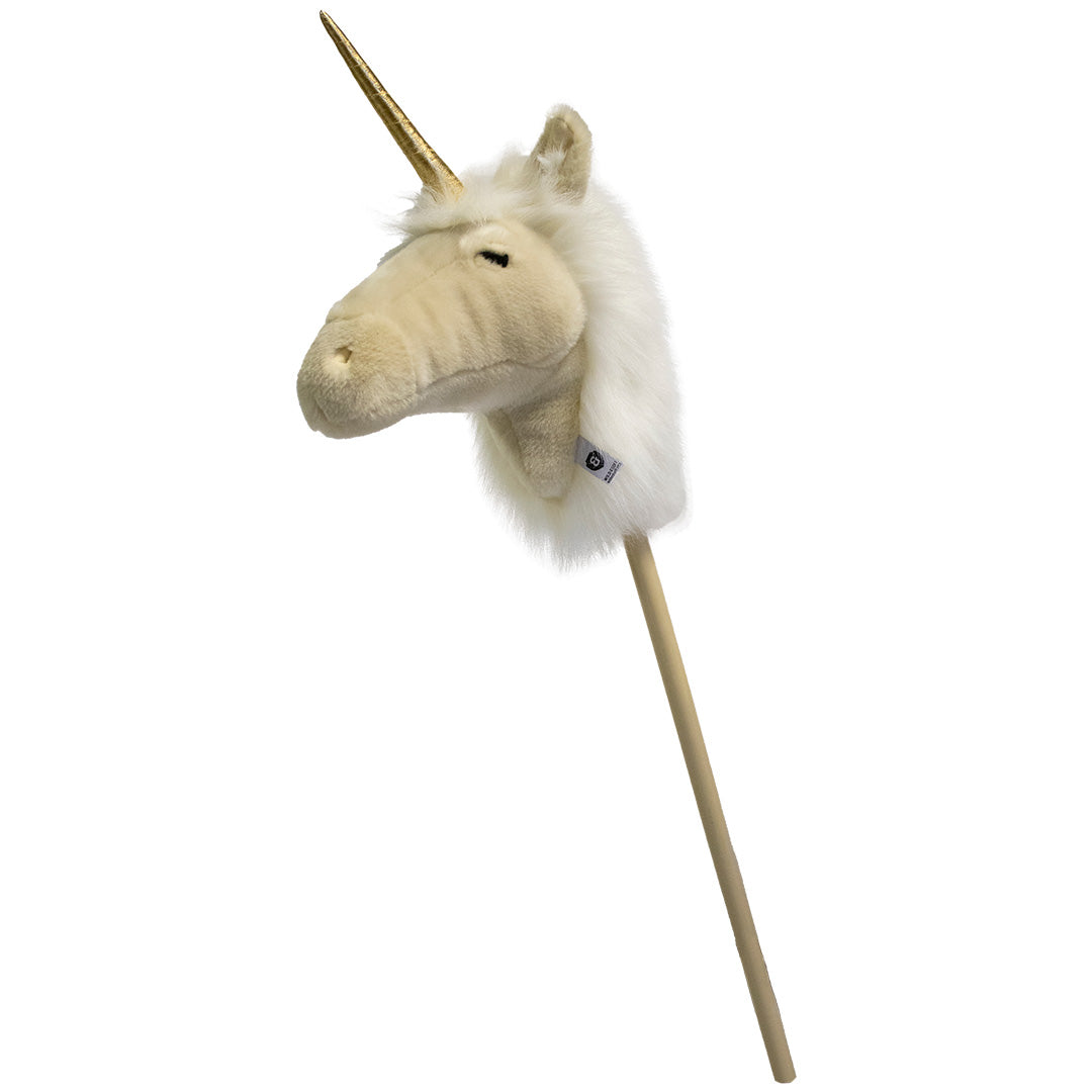 Wild & Soft stokdier eenhoorn met beige pluche kop en gouden hoorn.