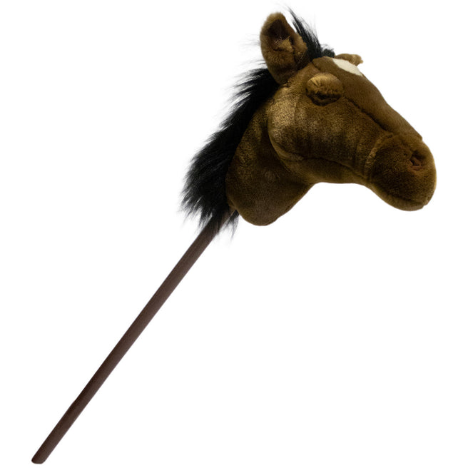 Wild & Soft bruin stokpaard met donkere manen en witte bles, schuin gefotografeerd.