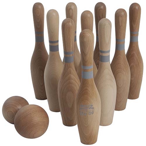 Wooden Story houten bowlingspel met tien kegels en twee ballen.