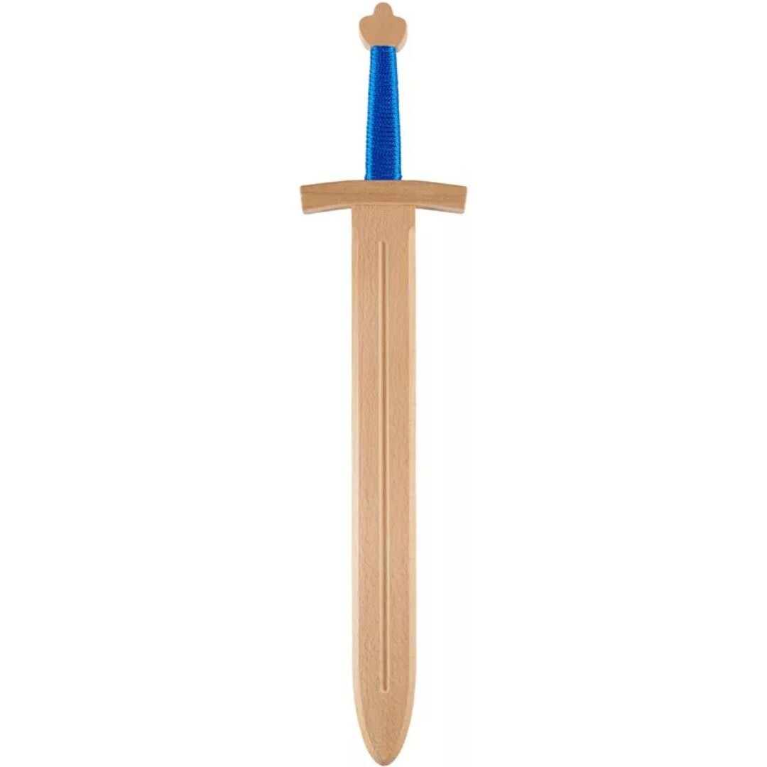 Woodsy houten speelgoedzwaard met blauw omwikkeld handvat.