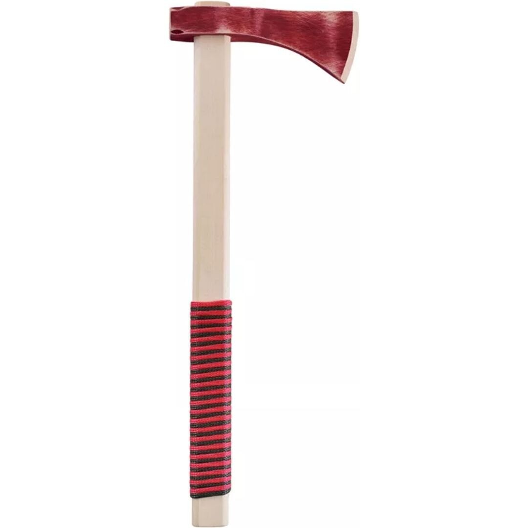 Woodsy houten indianen bijl speelgoedwapen met rood blad en gestreepte handgreep.