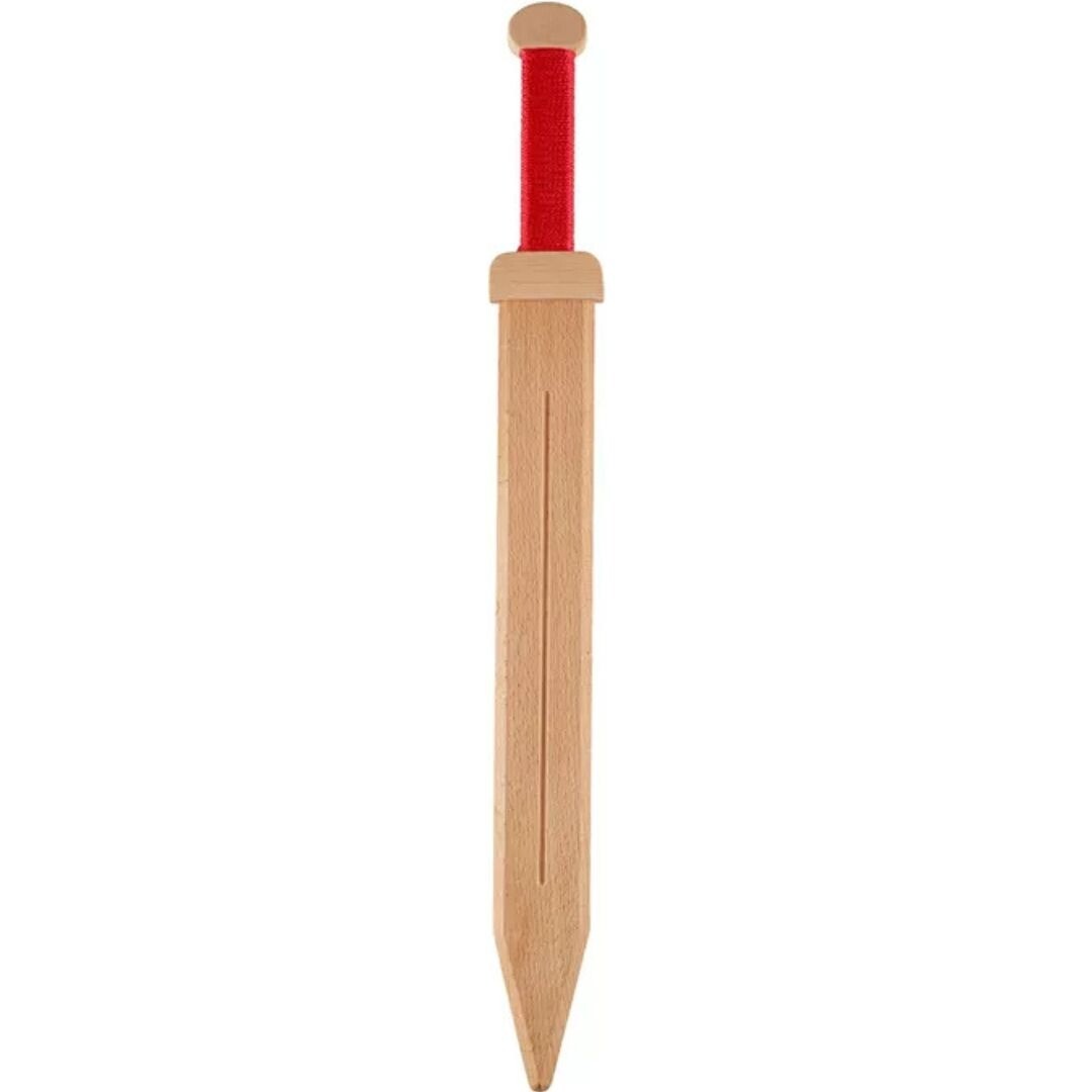 Woodsy houten Romeins speelgoedzwaard met rood gevest.