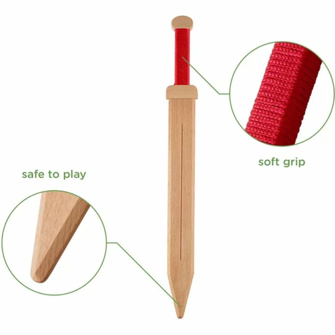 Infographic van het Woodsy houten Romeinse speelgoedzwaard met details over de veilige punt en zachte grip.