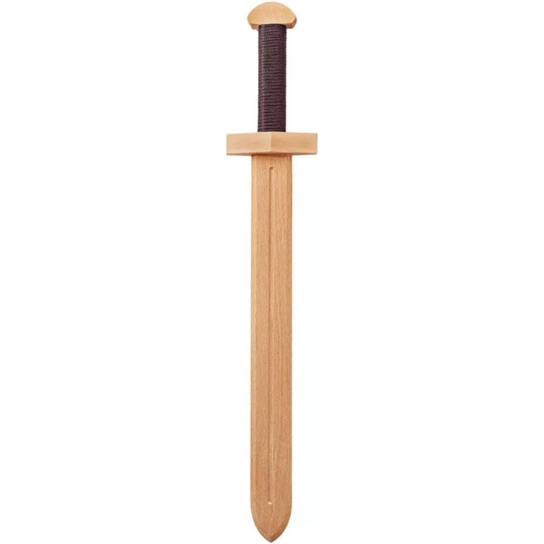 Woodsy houten speelgoedzwaard met bruin gevest, recht van voren.