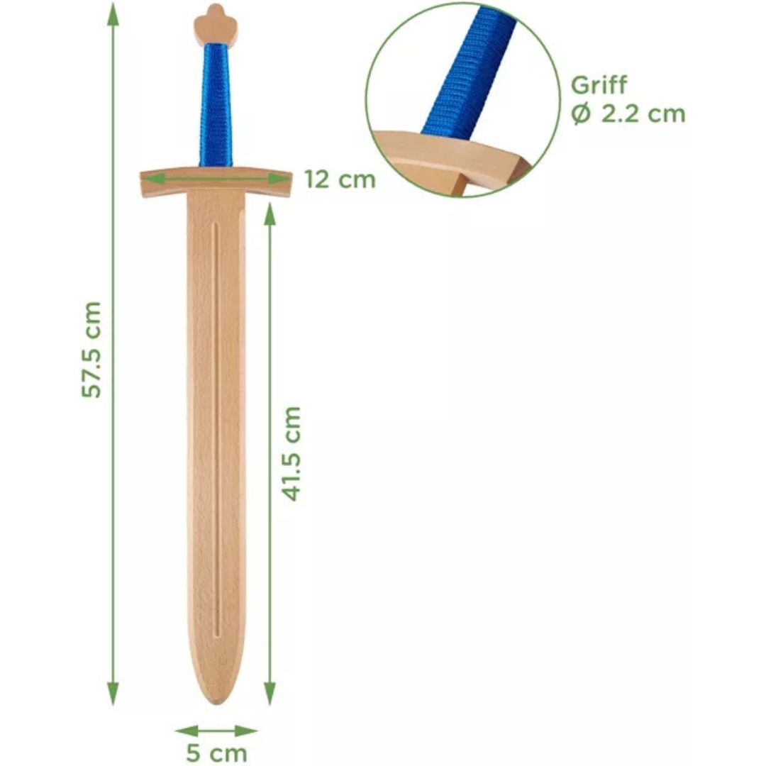 Infographic van het houten speelgoedzwaard met afmetingen van 57,5 cm lang.