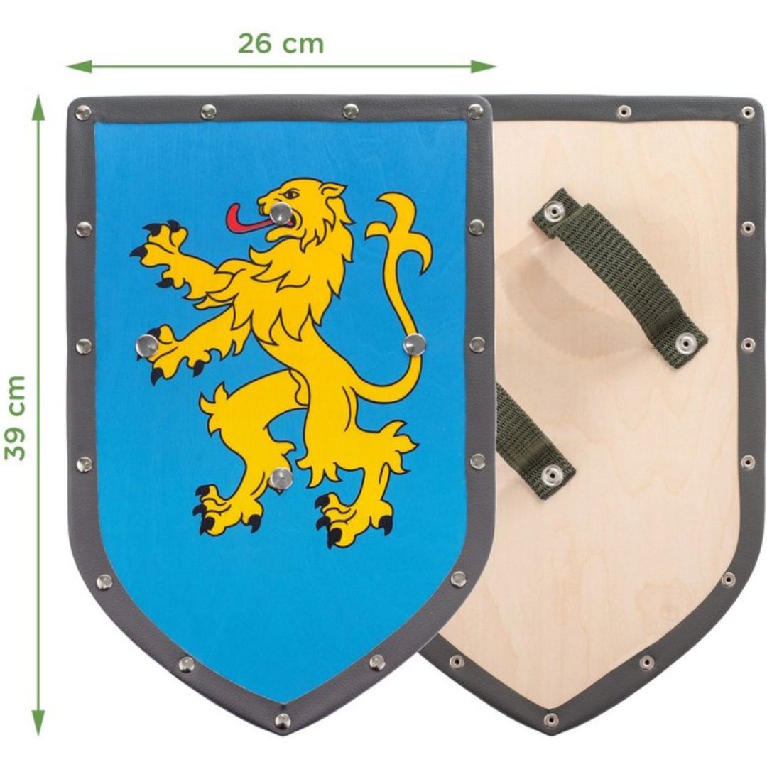 Infographic van het houten speelgoedschild met leeuw-embleem en afmetingen van 39 cm hoog.