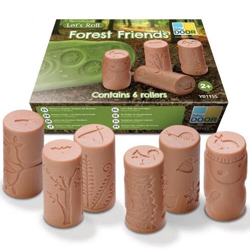 Yellow Door kleistempels Let's Roll Forest Friends verpakking met zes beige rollers ervoor.