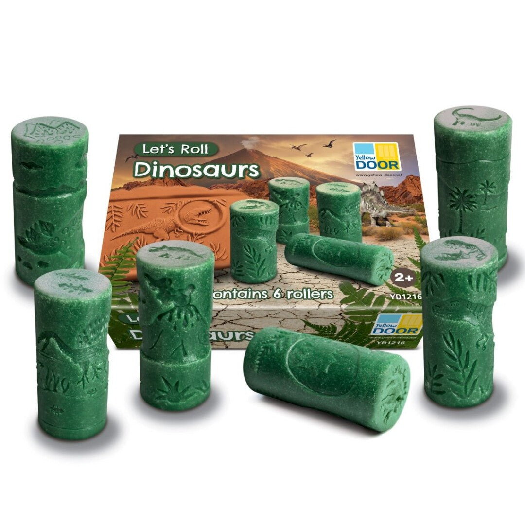 Yellow Door Let's Roll Dinosaurs kleistempels set met verpakking en zes groene rollers met dinosauruspatronen.