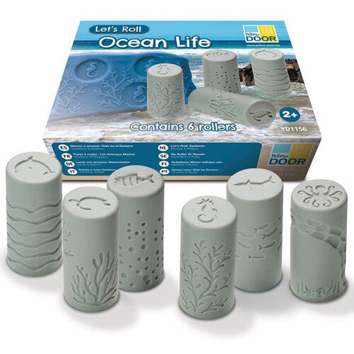 Verpakking van de Yellow Door Let's Roll Ocean Life kleistempels met zes grijze rollers met oceaanpatronen.