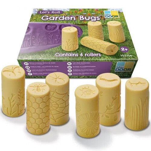 yellow door kleistempels 'Let's Roll Garden Bugs' set met zes gele rollers en de verpakking.