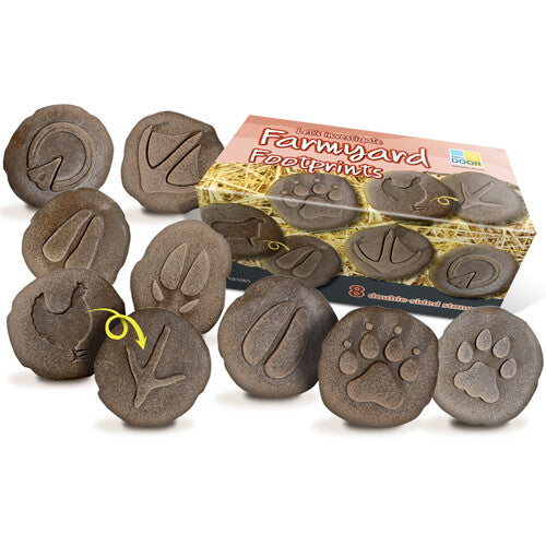 Yellow Door educatieve speelstenen met diverse boerderij pootafdrukken en de productverpakking.