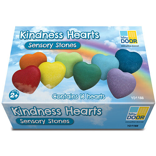 Verpakking van de Yellow Door Kindness Hearts sensorische stenen met een regenboog en wolken.