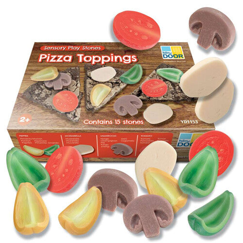 Yellow Door Sensory Play Stones Pizza Toppings verpakking met diverse speelgoedgroenten en kaasstenen.