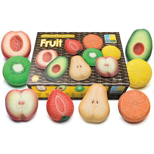Yellow Door Sensory Play Stones Fruit speelfruit set met verpakking en acht stenen fruitstukken.