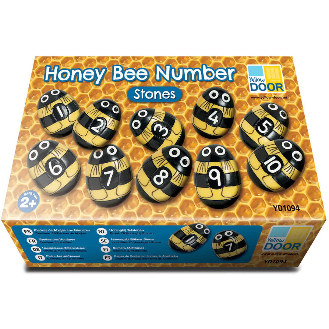 De verpakking van de Yellow Door Honey Bee Number Stones, met 10 bij-vormige cijferstenen.