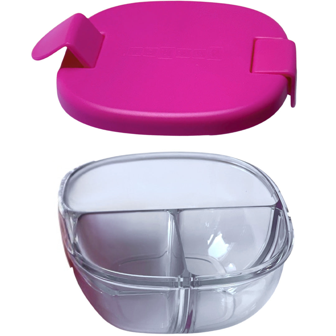 Yumbox bento snackschaal met roze deksel en transparante container met drie vakken.