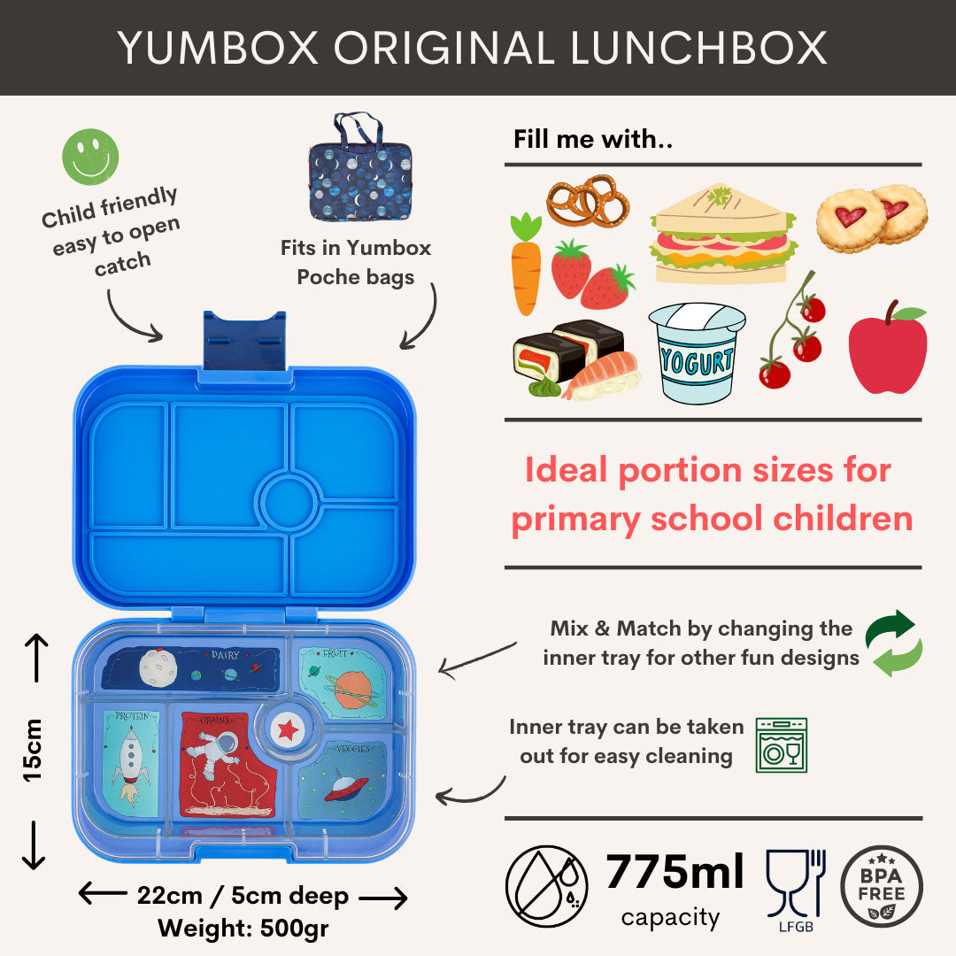Infographic van de Yumbox Original broodtrommel met kenmerken en afmetingen.