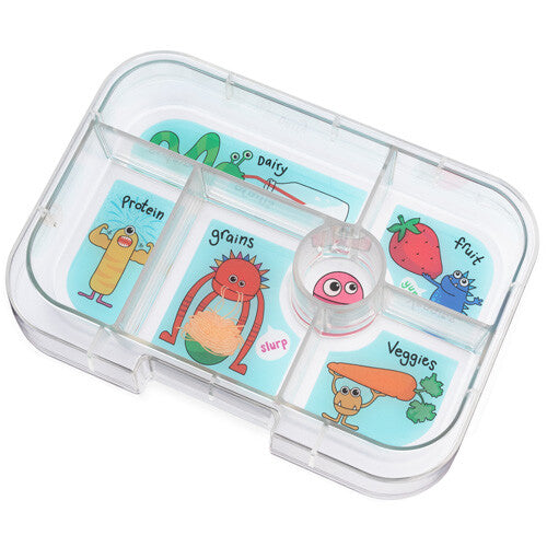 Yumbox transparante plastic lunchcontainer inlegtray met 6 vakken en grappige monsterfiguren voor voedselgroepen.