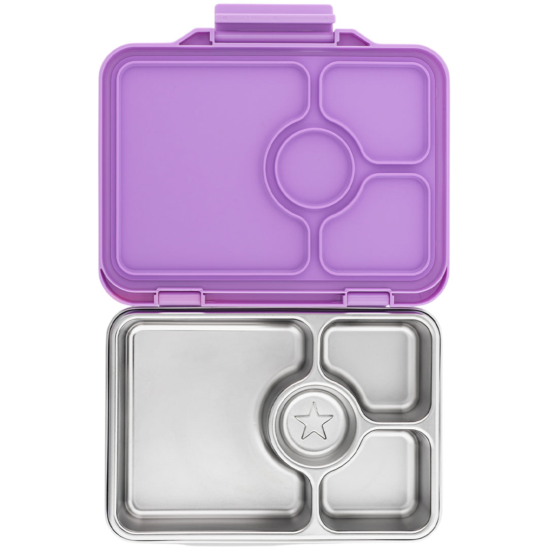Yumbox rvs bento broodtrommel in lavendelpaars met vier vakken en een sterpatroon.