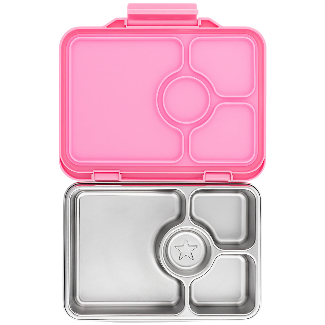 Yumbox bento broodtrommel voor kinderen, open met roze deksel en roestvrijstalen inzet met vier vakken.
