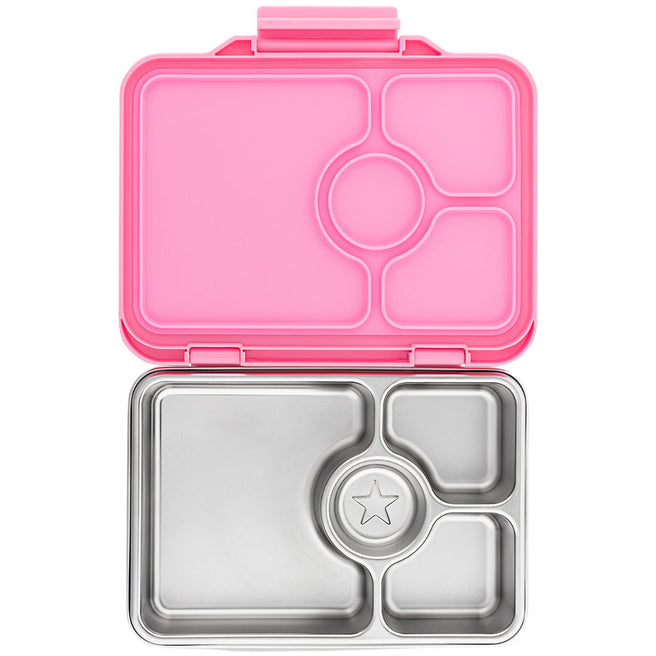 Yumbox bento broodtrommel voor kinderen, open met roze deksel en roestvrijstalen inzet met vier vakken.