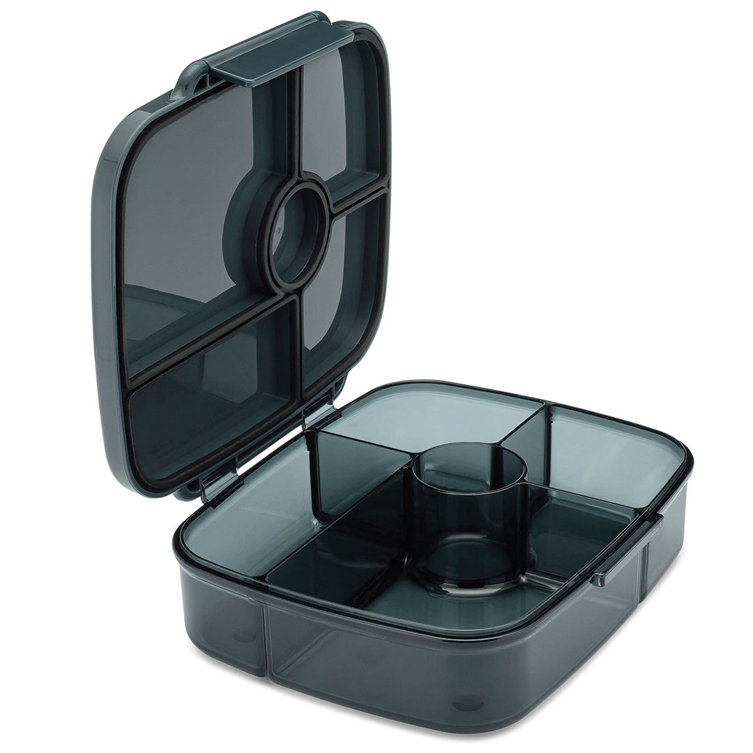 Yumbox bento broodtrommel in donkergrijs, open met vijf vakken.