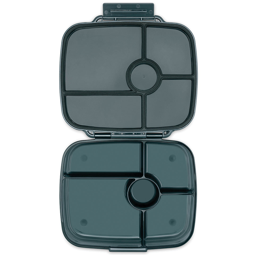 Yumbox bento broodtrommel in donkergrijs, open en leeg, met vijf vakken.