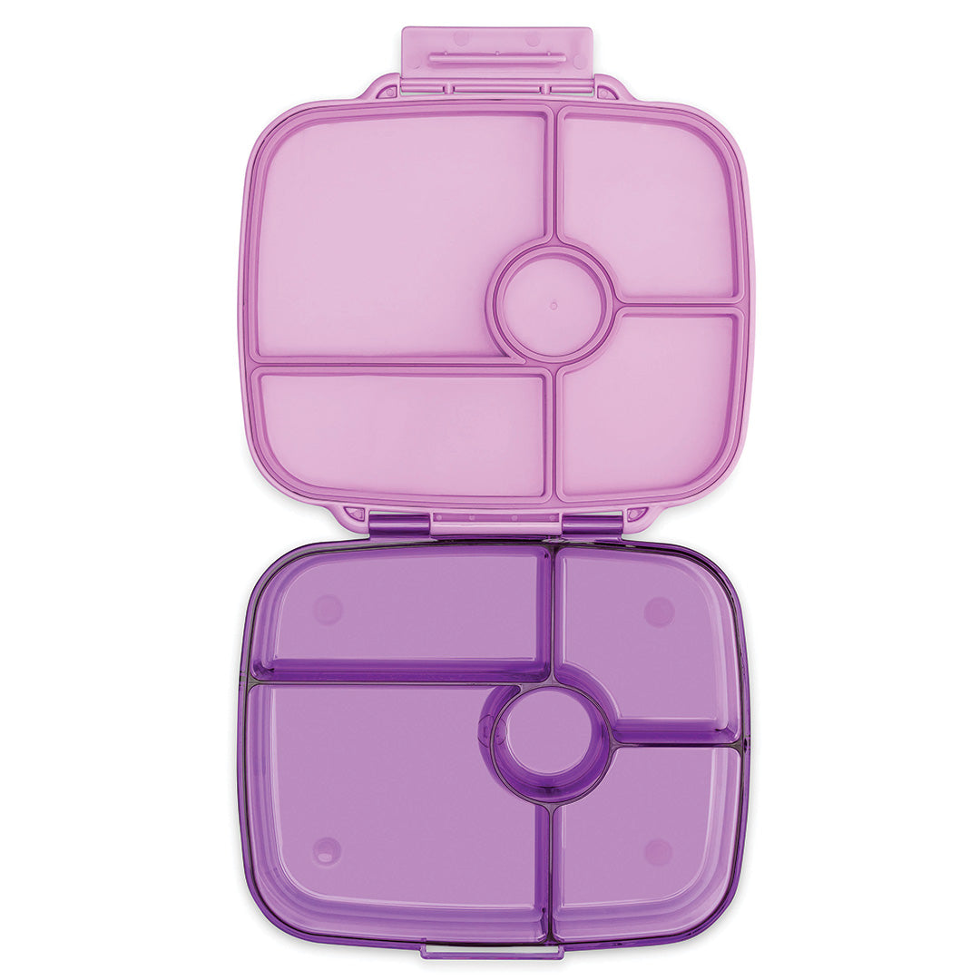 Bovenaanzicht van een open Yumbox bento broodtrommel in Kyoto paars met vijf vakken.