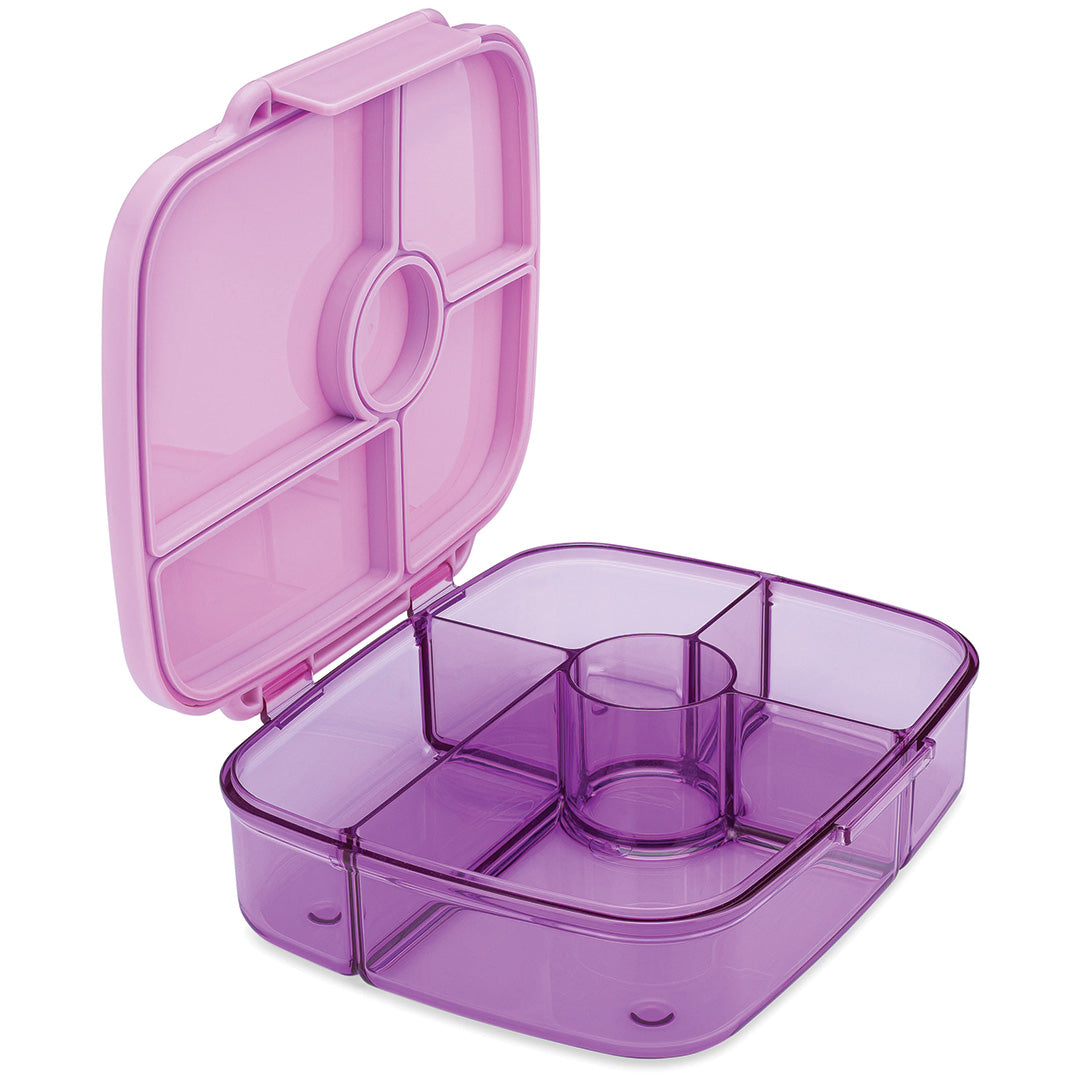 Open Yumbox bento broodtrommel in Kyoto paars met vijf vakken, schuin van bovenaf gefotografeerd.
