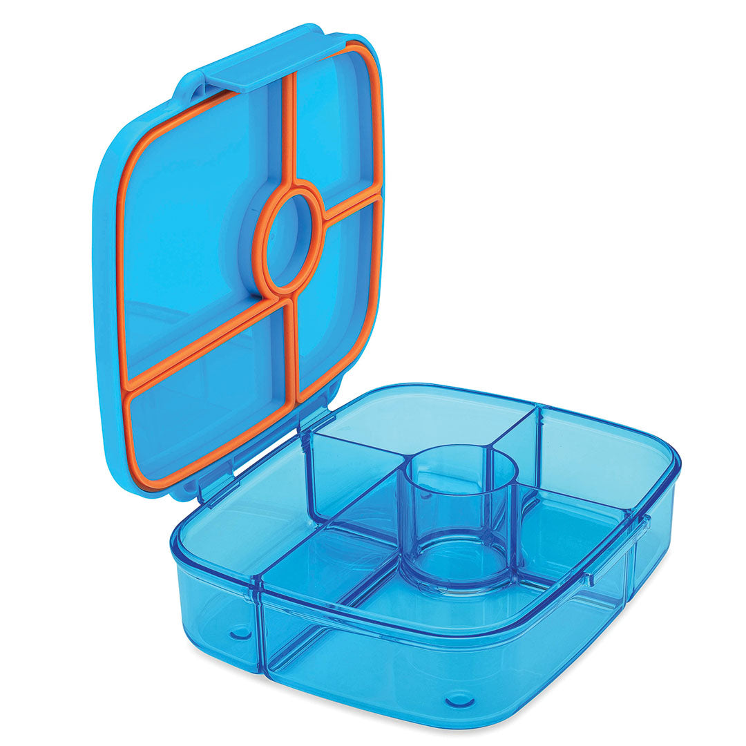 Open Yumbox bento broodtrommel in Miami Blue met oranje afdichtingen en vijf vakken.