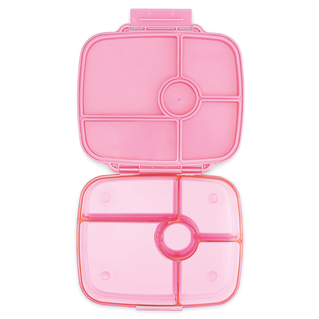 Roze Yumbox bento broodtrommel open van bovenaf met deksel en transparante binnenbak met vijf vakken.