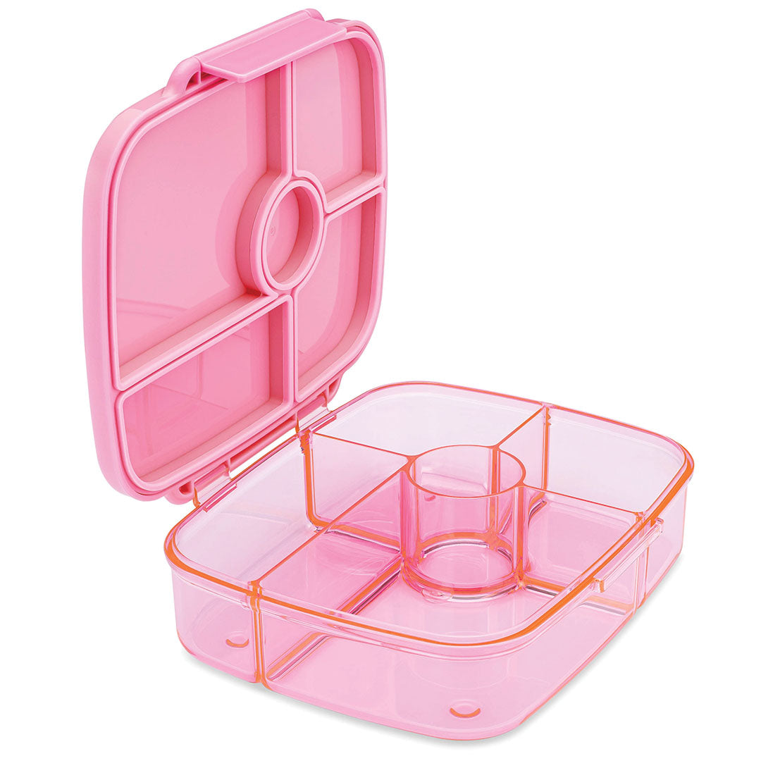 Roze Yumbox bento broodtrommel open met transparante binnenbak met vijf vakken.