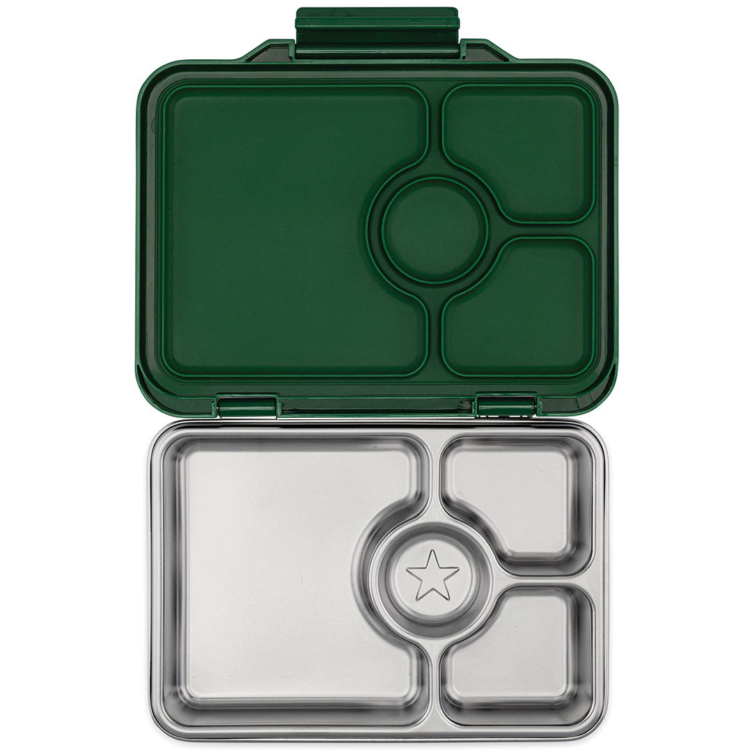 Yumbox rvs bento broodtrommel voor kinderen, open met vier vakken en een sterrenpatroon in het midden.
