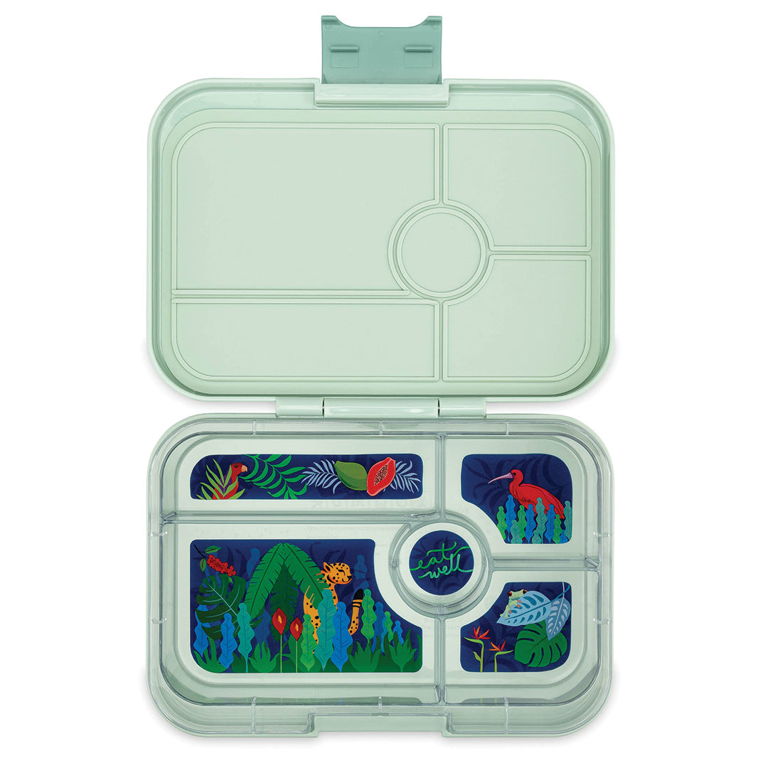 Open Yumbox tapas broodtrommel met 5 vakken en een jungle thema.