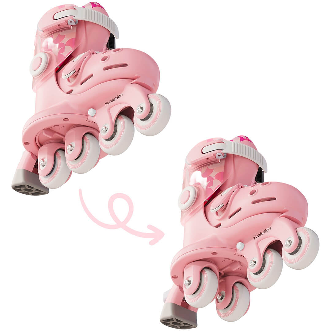 Infographic van twee roze Yvolution kinderskeelers met een pijl die een verstelbare functie aanduidt.