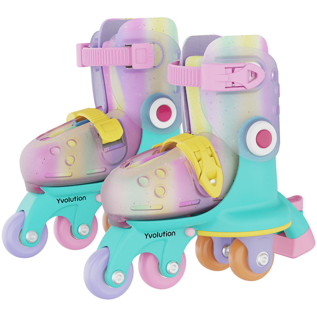 Twee Yvolution kinderskeelers in regenboogkleuren.