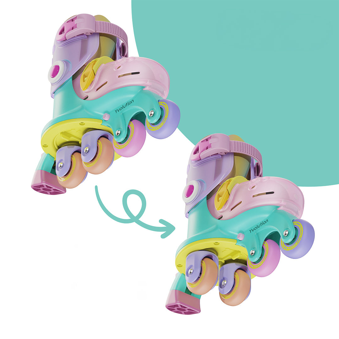 Twee Yvolution kinderskeelers in regenboogkleuren, met een pijl die de wissel tussen twee wielconfiguraties toont.