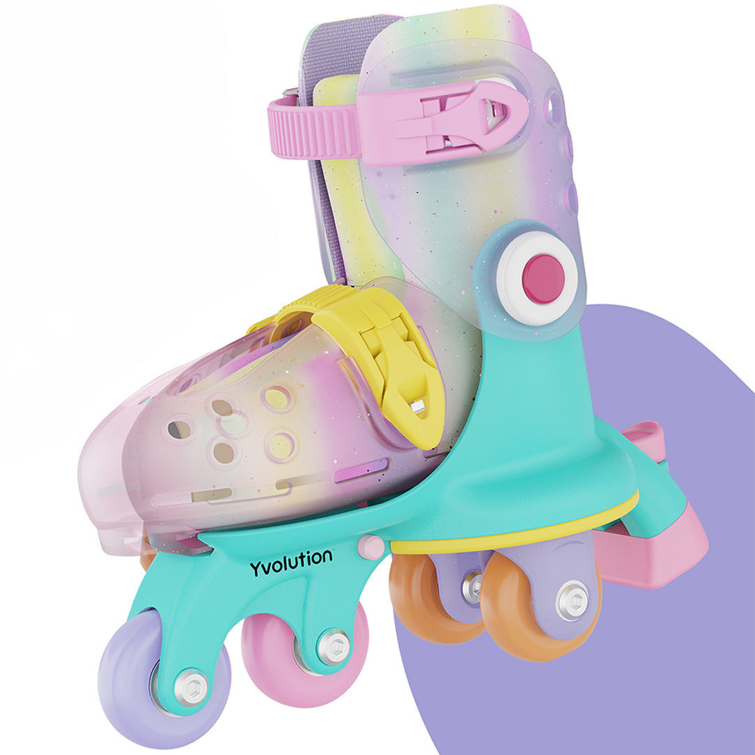 Eén Yvolution kinderskeeler in regenboogkleuren.