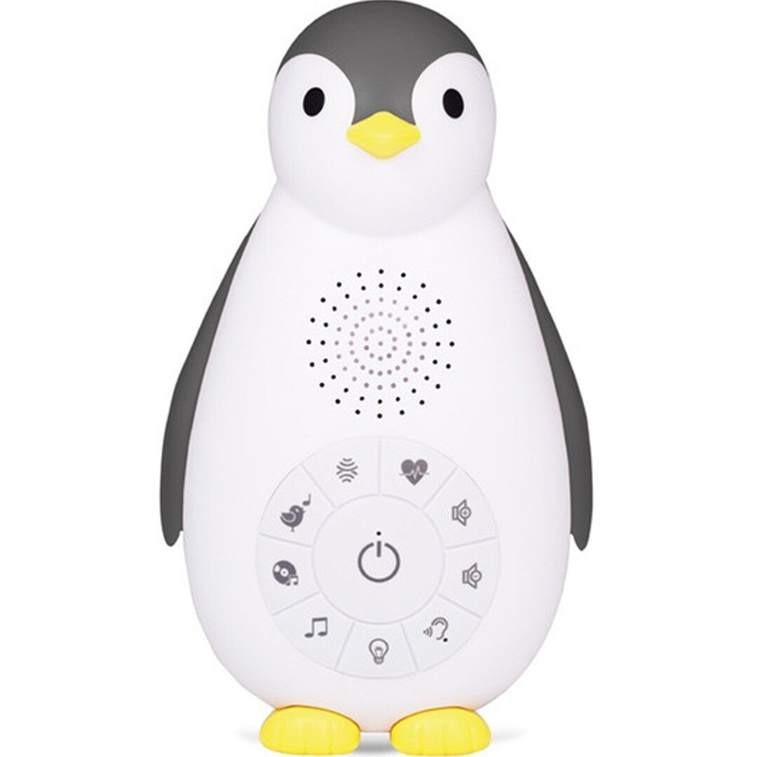 Zazu 3-in-1 muziekdoosje en nachtlampje in de vorm van een witte en grijze pinguïn, met bedieningsknoppen op de buik.
