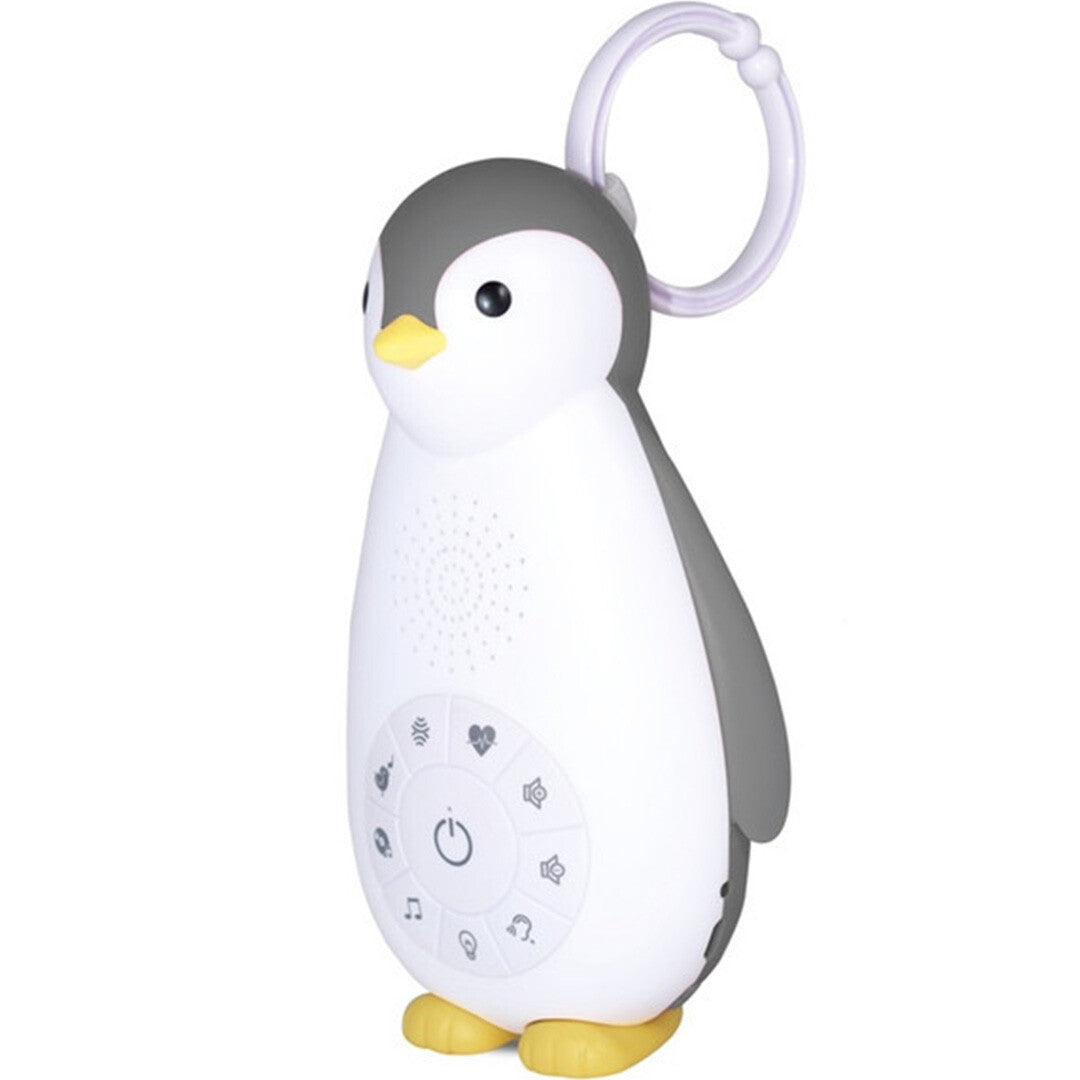 Zazu 3-in-1 muziekdoosje en nachtlampje in de vorm van een pinguïn, met een witte ophanglus aan de bovenzijde.