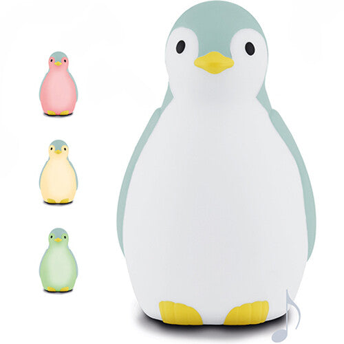 Zazu slaaptrainer Pam pinguïn nachtlampje in blauw, met voorbeelden van lichtkleuren in roze, geel en groen.