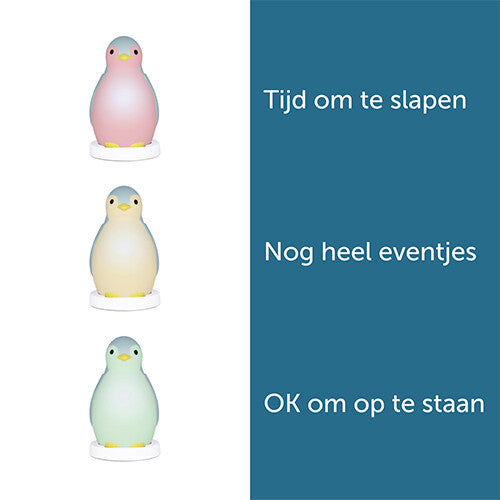 Infographic van de Zazu slaaptrainer Pam pinguïn die de verschillende lichtkleuren en hun betekenis toont.