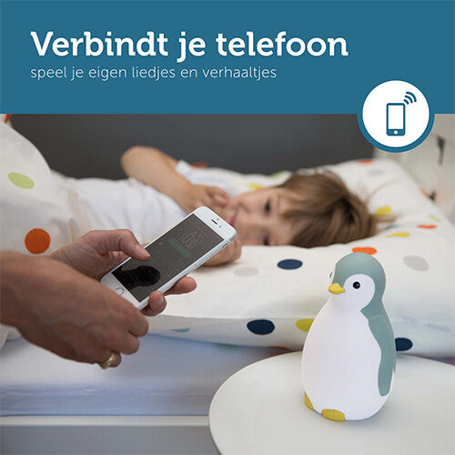 Infographic over de Zazu slaaptrainer die verbinding maakt met een telefoon om liedjes en verhaaltjes af te spelen.