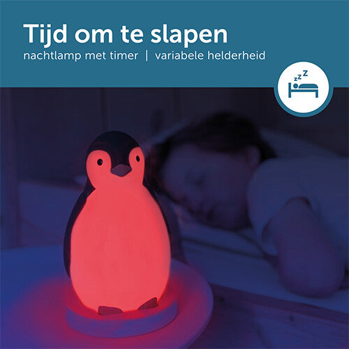 Infographic over de Zazu slaaptrainer als nachtlamp met timer en variabele helderheid, die rood licht geeft.