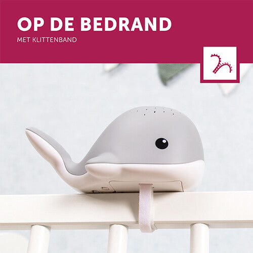 Infographic over de Zazu walvis muziekdoos en lichtprojector met de tekst 'OP DE BEDRAND'.
