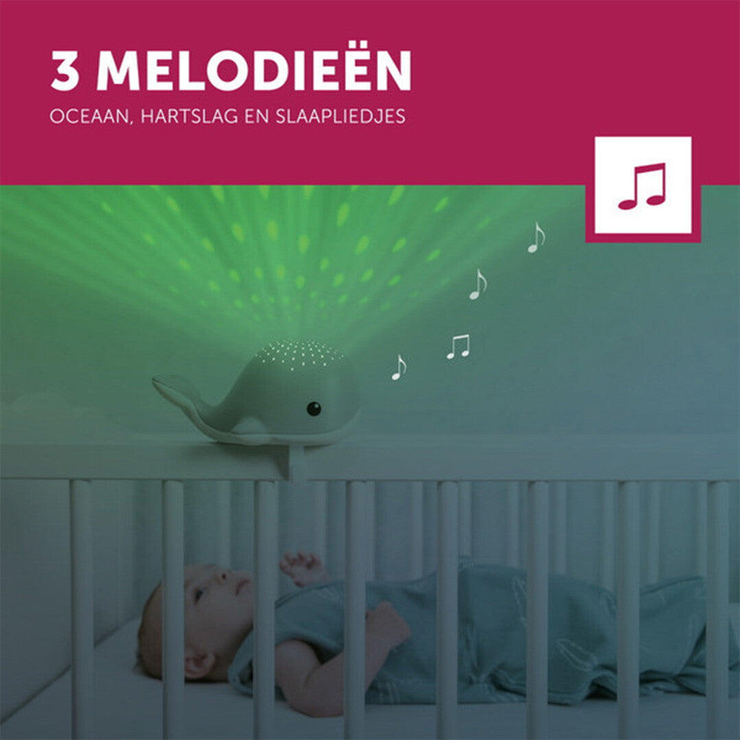 Infographic over de 3 melodieën van de Zazu walvis lichtprojector, met een baby in een wieg en groene lichtprojectie.