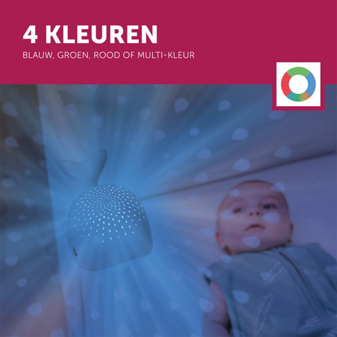 Infographic over de 4 kleuren lichtprojectie van de Zazu walvis, met een baby in een wieg en blauw licht.