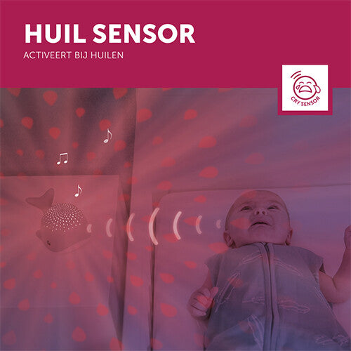 Infographic over de huilsensor van de Zazu walvis nachtlicht, met een huilende baby en rode projectie.