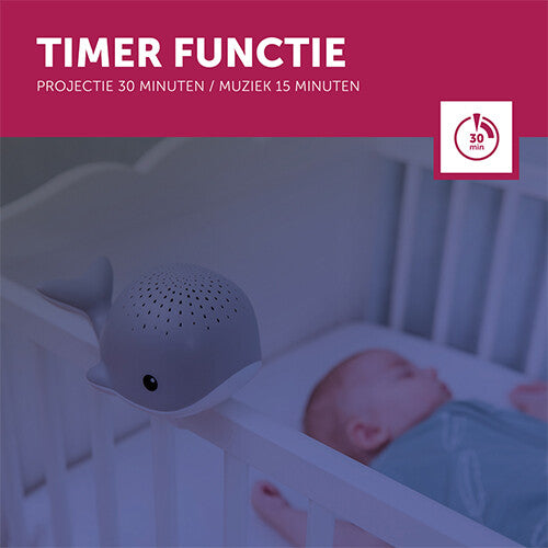 Infographic over de timerfunctie van de Zazu walvis nachtlicht, met een slapende baby in een bedje.